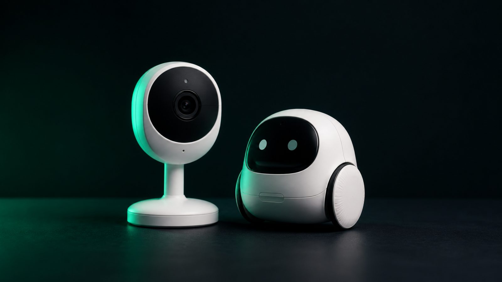 Indoor Wi-Fi security camera and a small home robot on a desk lit with a green accent