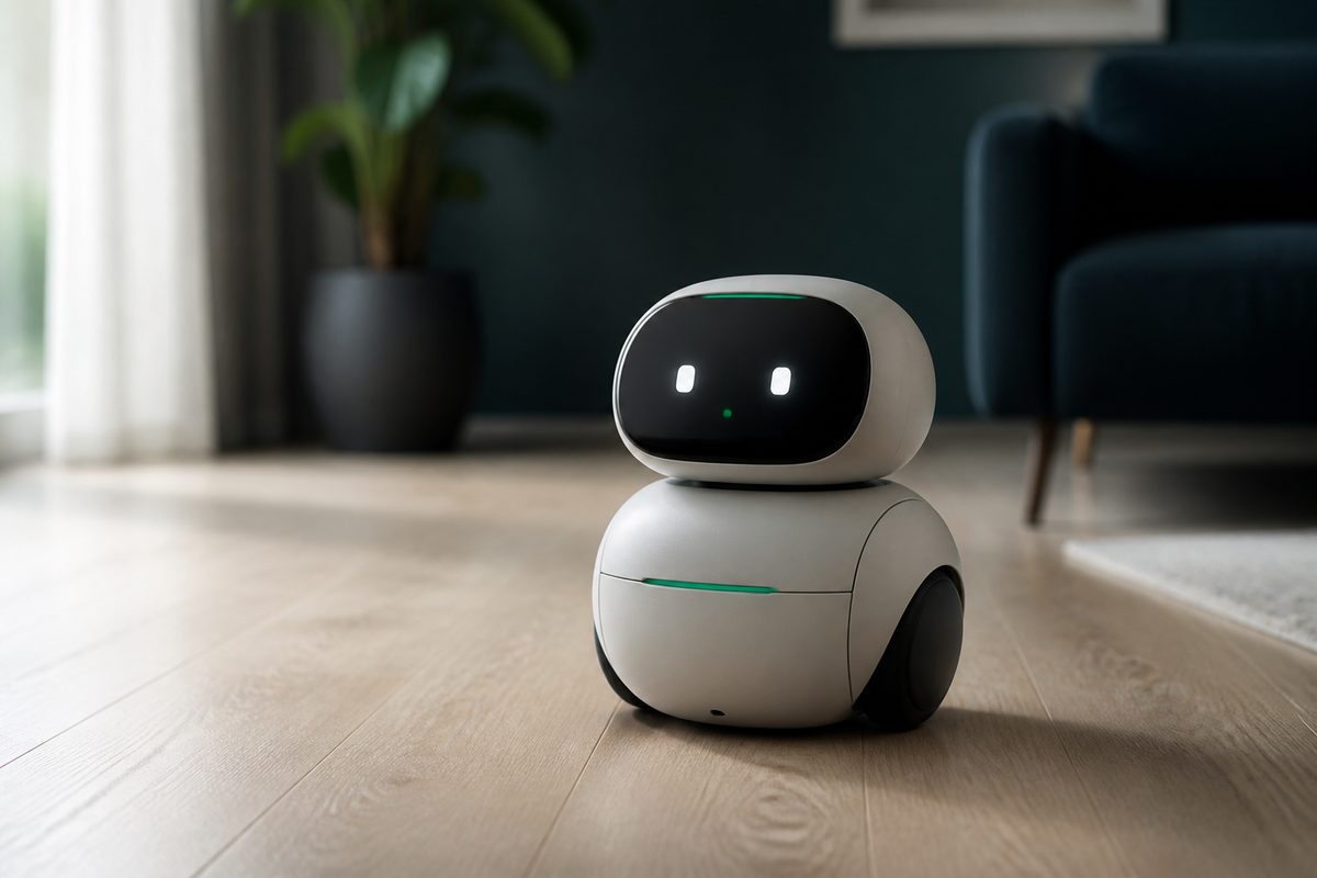 Small home assistant robot on a wooden living room floor