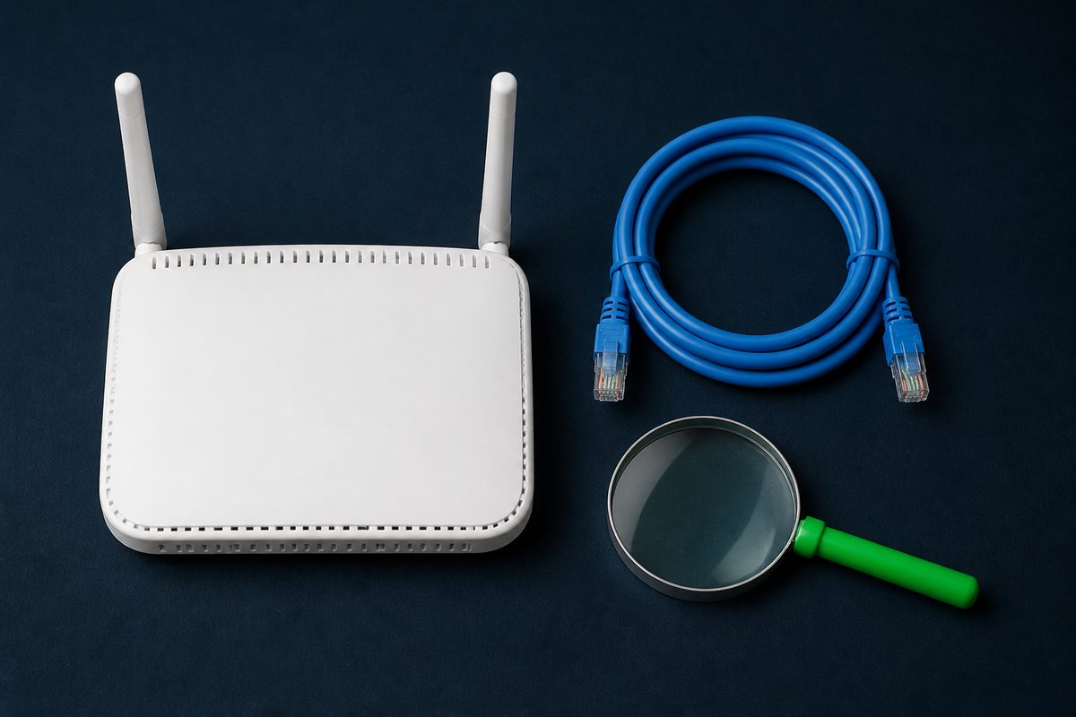 Overhead view of a wireless router, coiled ethernet cable, and magnifying glass on a desk mat