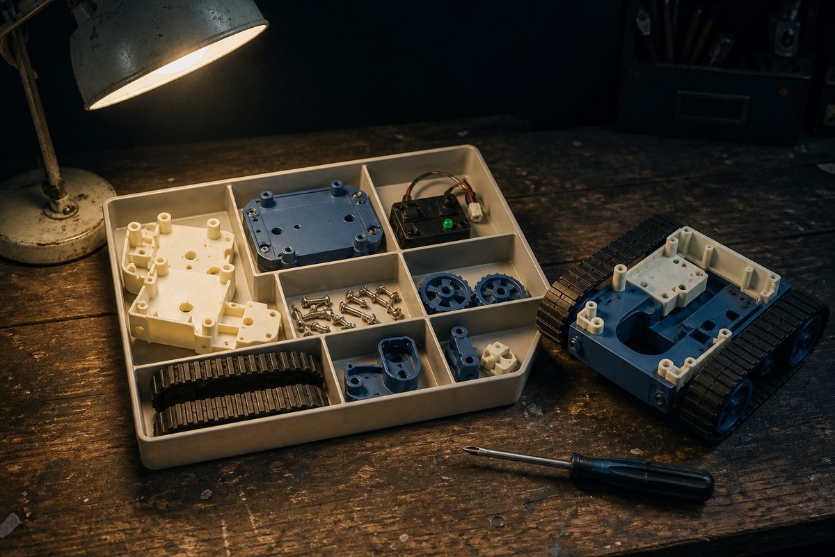Retro build-it-yourself toy robot kit mid-assembly on a workbench