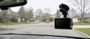 An Apeman C450 dash cam, a small black box with a dark 3 inch screen and an orange power button, hanging from a suction cup mount on a car windshield.