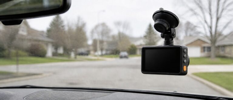 An Apeman C450 dash cam, a small black box with a dark 3 inch screen and an orange power button, hanging from a suction cup mount on a car windshield.