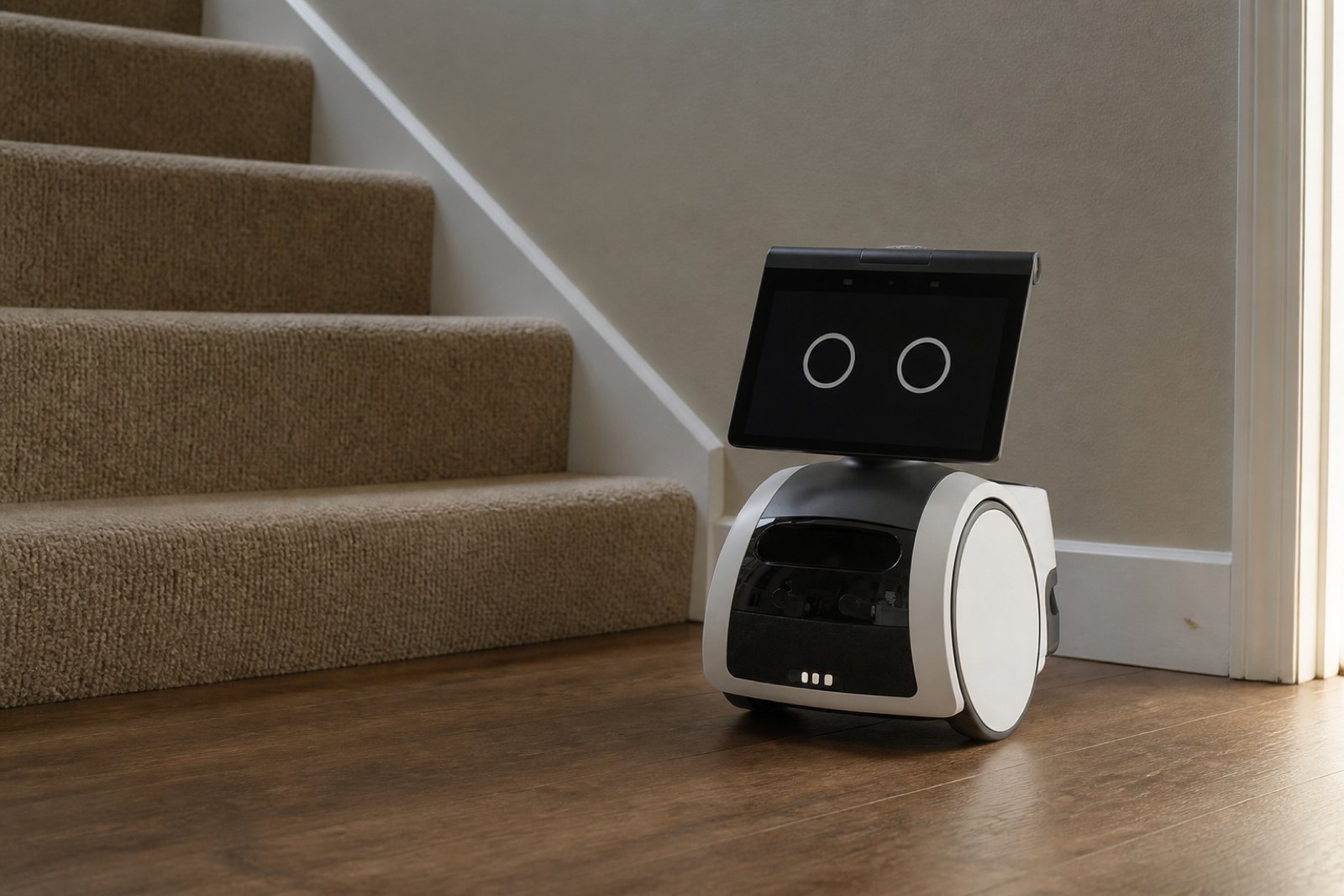 Amazon Astro home robot in a hallway, a knee height white two wheeled body with a dark gray top module and a tablet style screen face showing two white circle eyes on black.