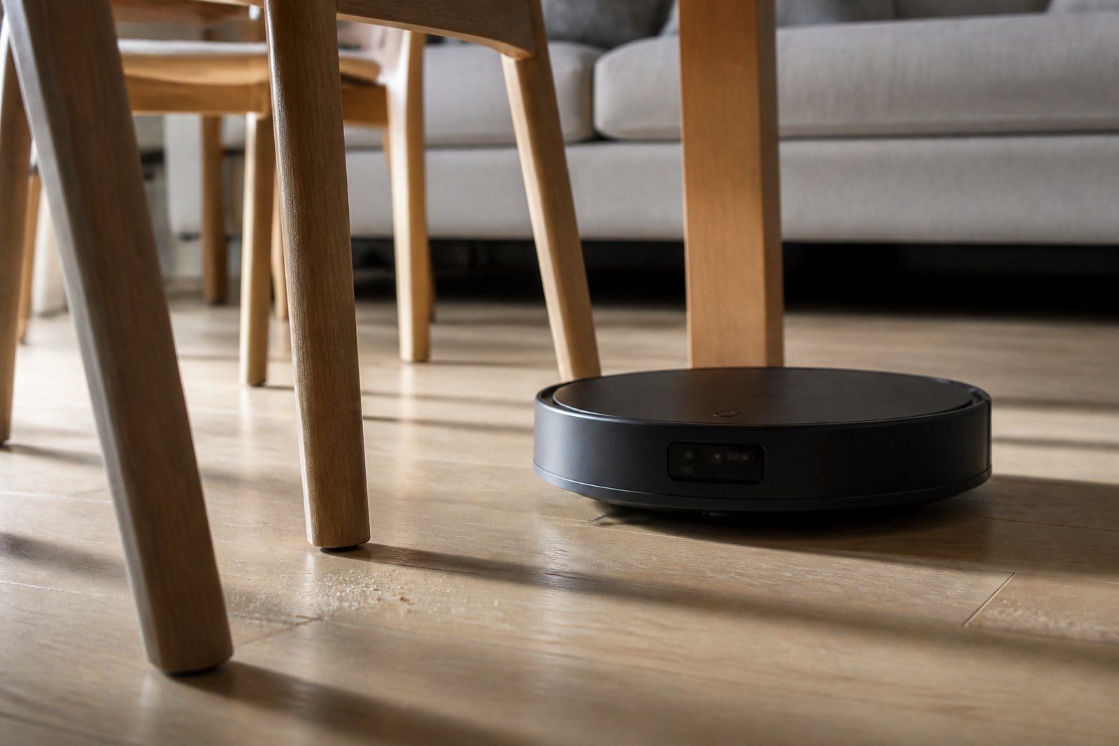 Low floor level view of a slim matte black robot vacuum with a small horizontal camera and sensor window on its front bumper, surrounded by chair legs and a table leg on hardwood.