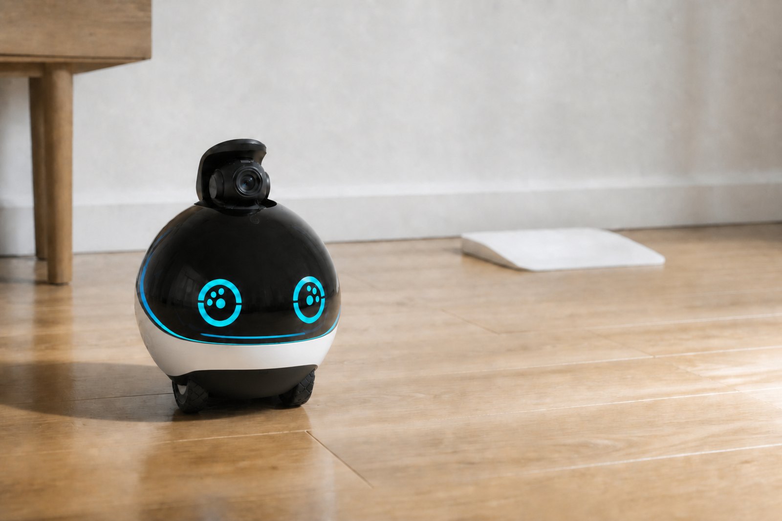 Enabot EBO ball robot on hardwood flooring, a glossy black sphere with a white lower band riding on two chunky rubber wheels, its periscope camera pod raised from the top and cyan LED eye rings glowing.
