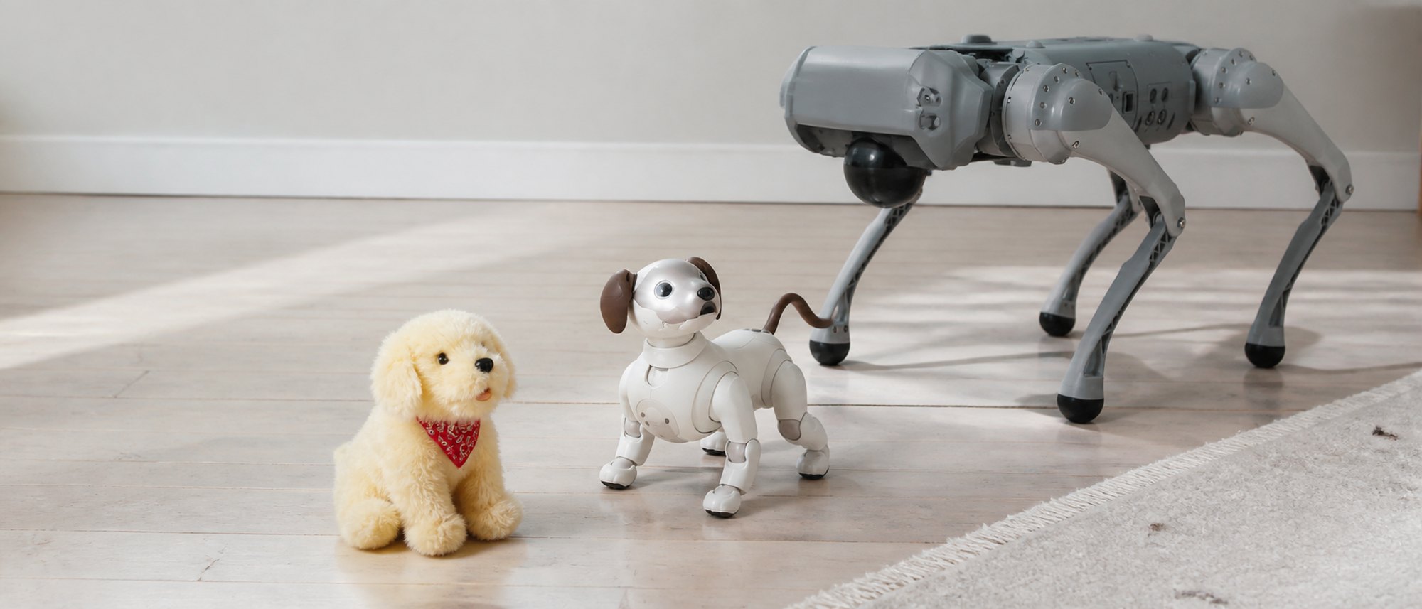 Three robot dogs at their real relative sizes on a wood floor: a lap-sized cream plush pup, a foot-long glossy white robot puppy with dark oval eyes, and a knee-high matte gray headless quadruped standing behind them.