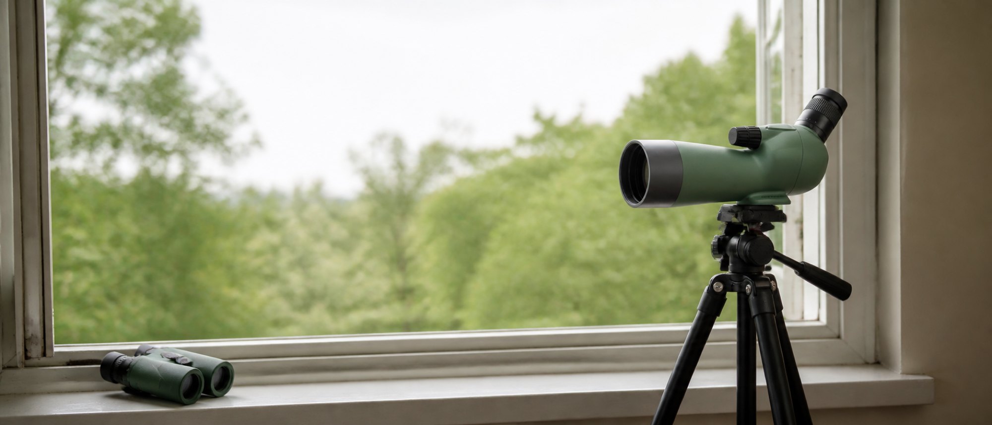 A green angled spotting scope on a black tripod set back from an open window, with a pair of green roof prism binoculars resting on the sill beside it.