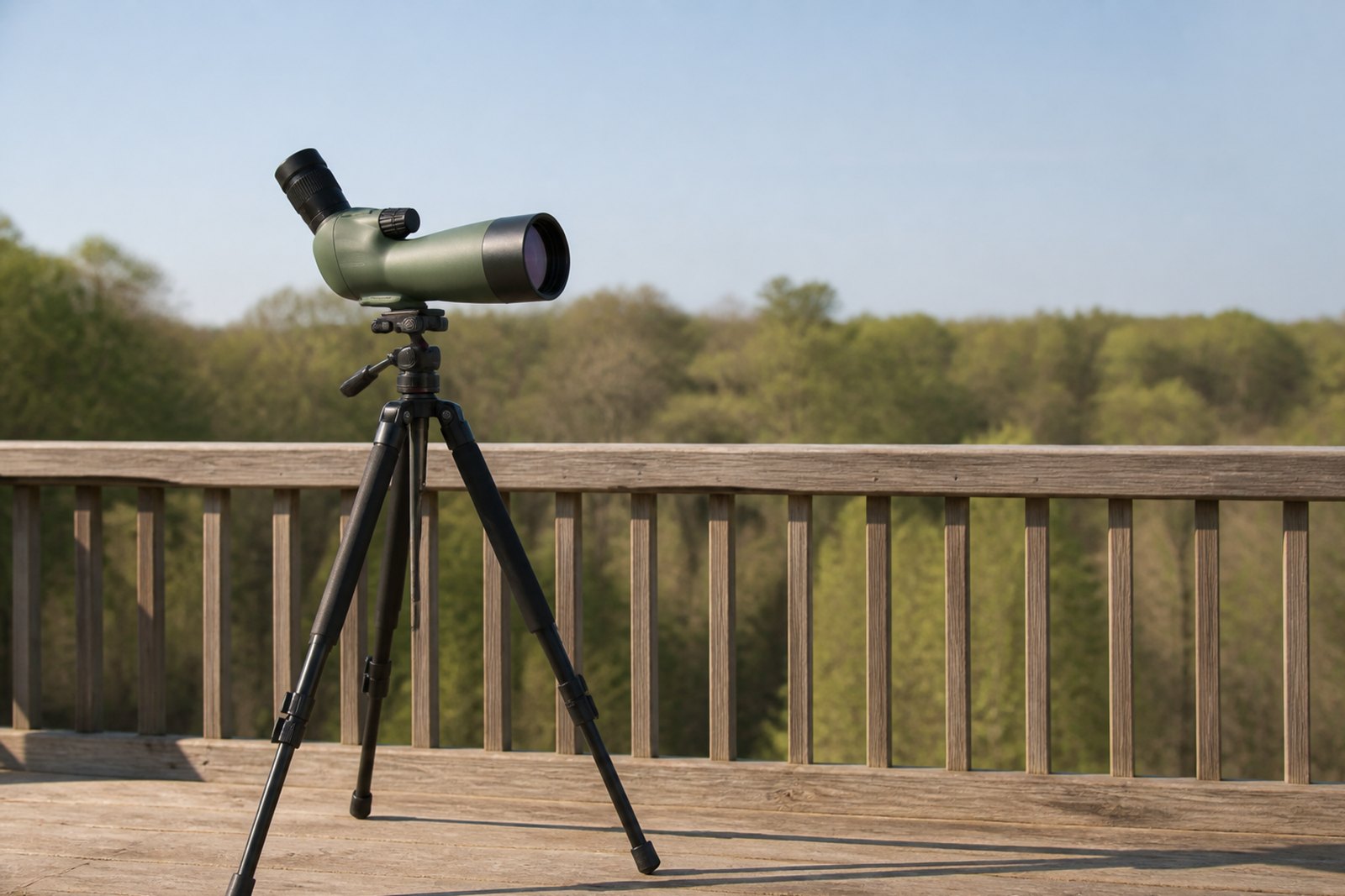 An angled spotting scope on a black carbon fiber tripod standing on a wooden deck, eyepiece tilted up at forty five degrees, aimed out over a railing toward distant trees.