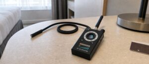 A pager sized matte black K18 signal detector on a hotel room desk, its short rubber antenna and coiled gooseneck probe screwed into the top edge, LED bar display dark.