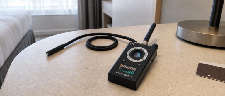 A pager sized matte black K18 signal detector on a hotel room desk, its short rubber antenna and coiled gooseneck probe screwed into the top edge, LED bar display dark.