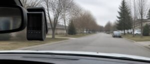 A small grey dash cam with a screen and a row of status lights mounted flush to a windshield just right of the rearview mirror, seen from the driver's seat on an overcast morning.