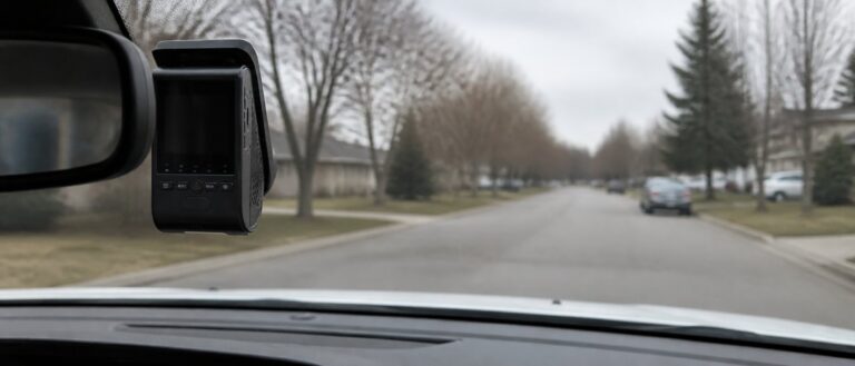 A small grey dash cam with a screen and a row of status lights mounted flush to a windshield just right of the rearview mirror, seen from the driver's seat on an overcast morning.