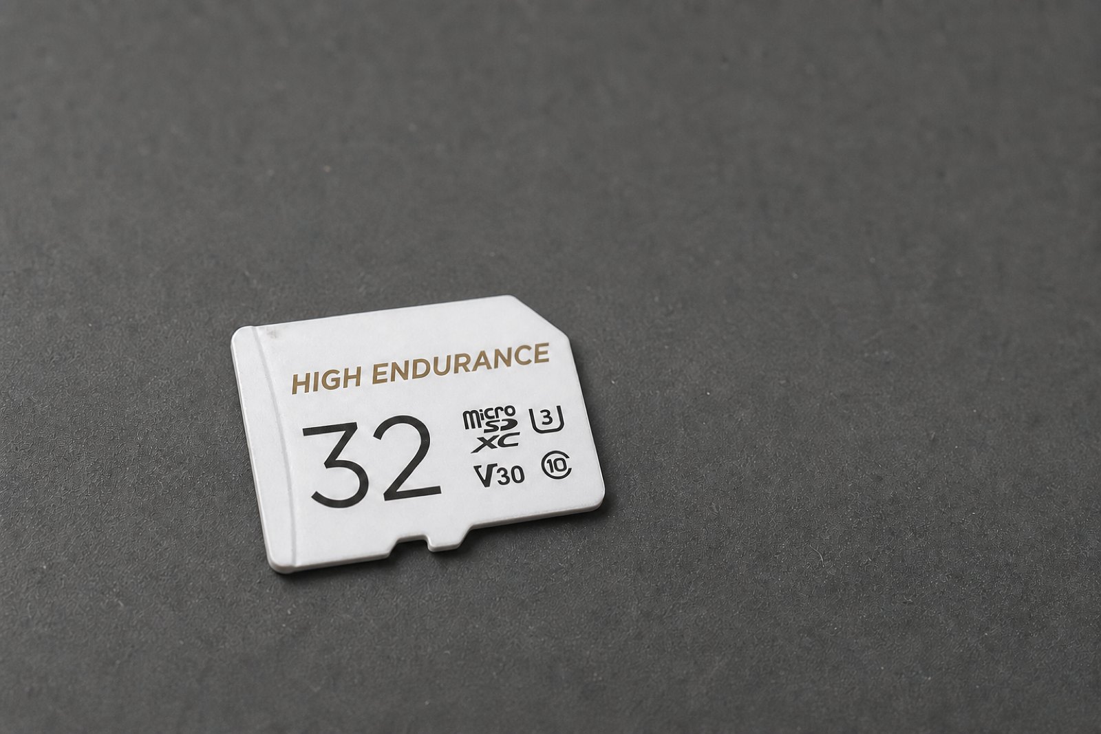 A white endurance rated microSD card lying on a dark grey desk, the words HIGH ENDURANCE printed across its label above a large capacity number and small U3, V30 and Class 10 rating badges.