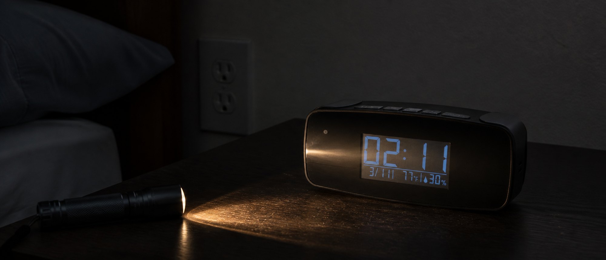 A flashlight beam raking sideways across a black digital alarm clock on a rental nightstand in a dim bedroom, with a wall outlet visible on the wall behind it.