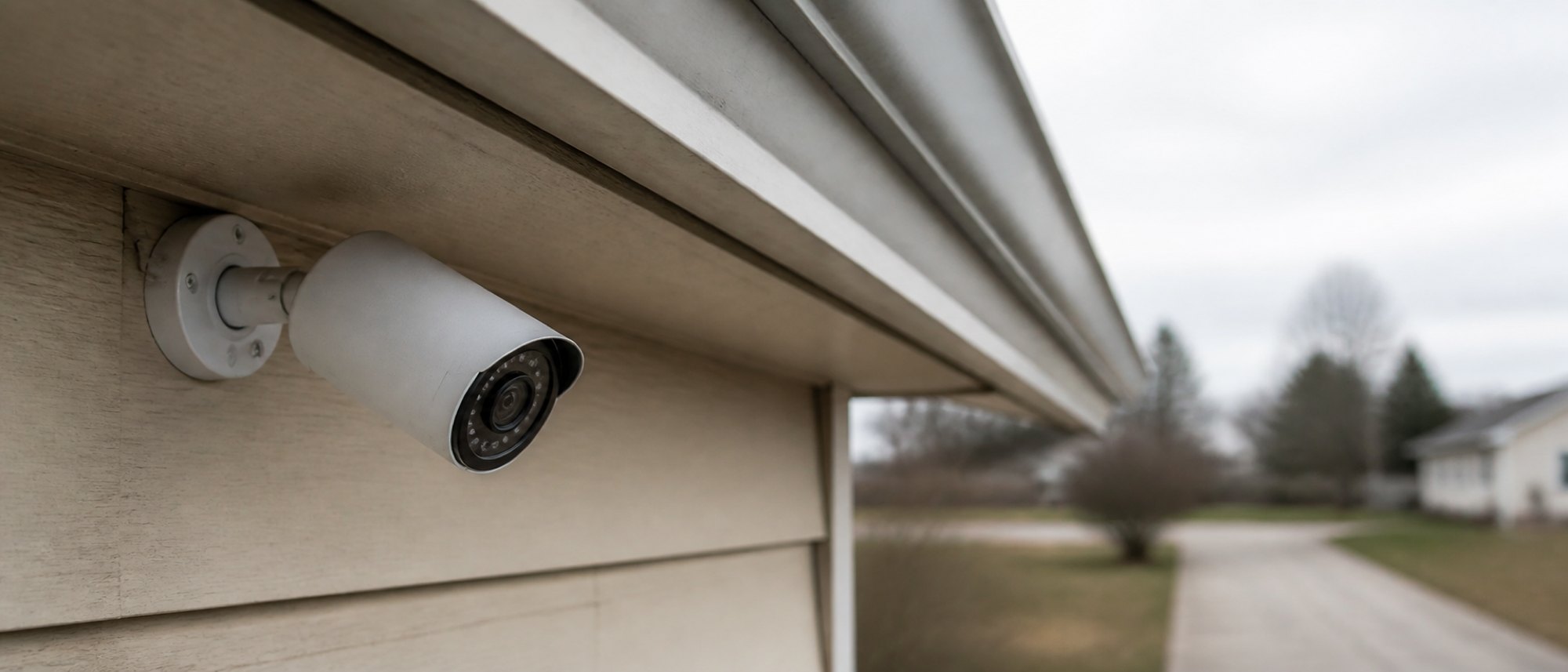 A matte white cylindrical outdoor security camera with a short rain visor and a ring of infrared LEDs around the lens, tilted down on a ball joint bracket under a house eave.