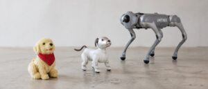 Three robot dogs at true relative scale on a concrete floor: a cream plush pup with a red bandana in the foreground, a glossy ivory white robot puppy beside it, and a knee high matte gray headless quadruped standing behind both.