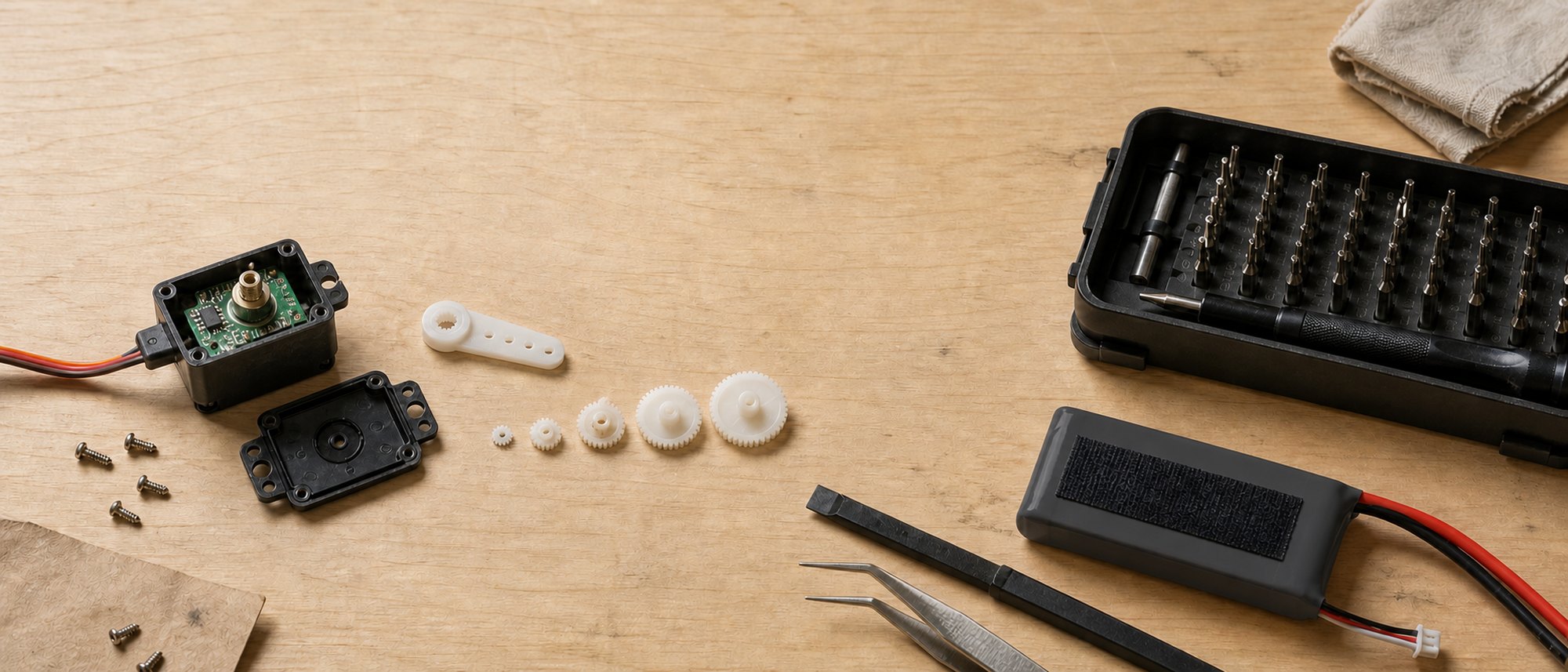 Overhead view of a workbench with an opened hobby servo, a row of small cream nylon gears, a precision driver kit, a spudger, tweezers, and a flat shrink wrapped battery pack with a two wire lead.