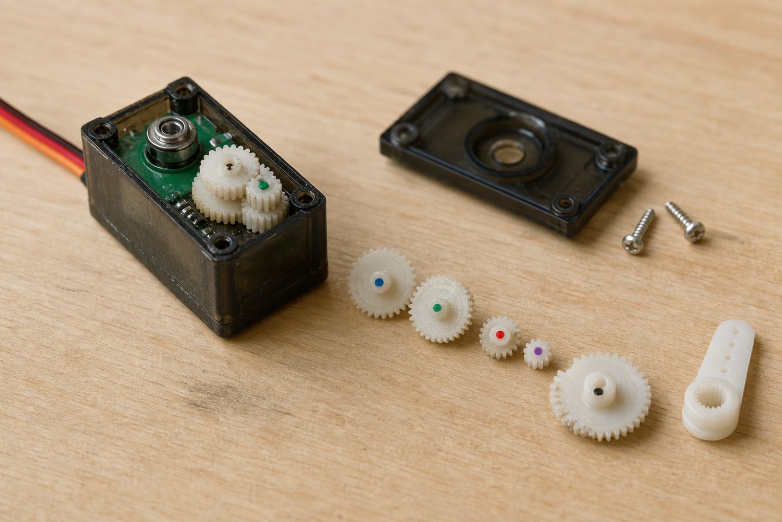 An opened hobby servo on a bench with its green circuit board visible, beside a row of small cream nylon gears marked with colored dots, one gear showing rounded off teeth along part of its edge.
