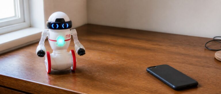 A white WowWee MiP robot balancing upright on its two wheels at the edge of a desk, next to a phone lying face down and dark.