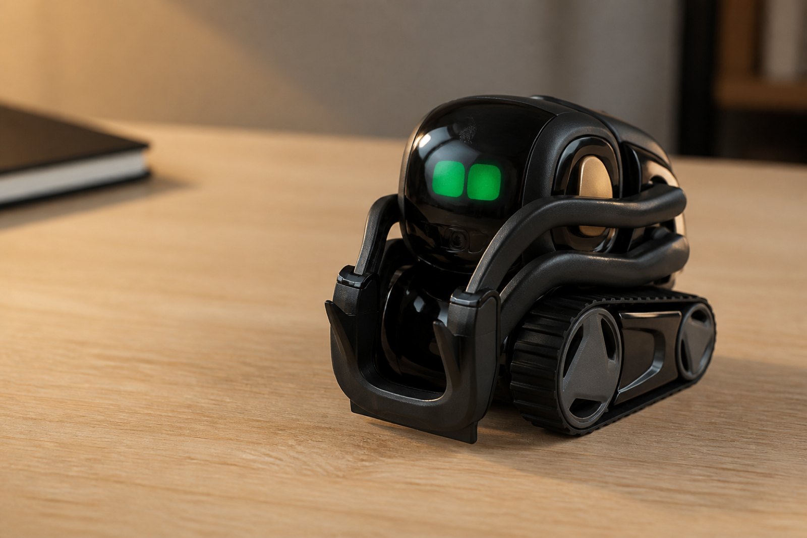 A palm size black Vector robot on tank treads sitting on a desk, its small screen showing green rounded square eyes, gold trim on the body panels.