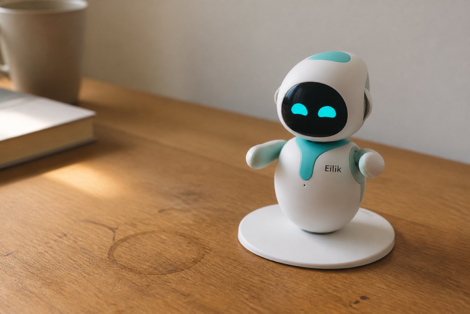A palm size white egg shaped Eilik robot with teal trim and glowing cyan eyes on a desk, no phone or charging dock anywhere in frame.