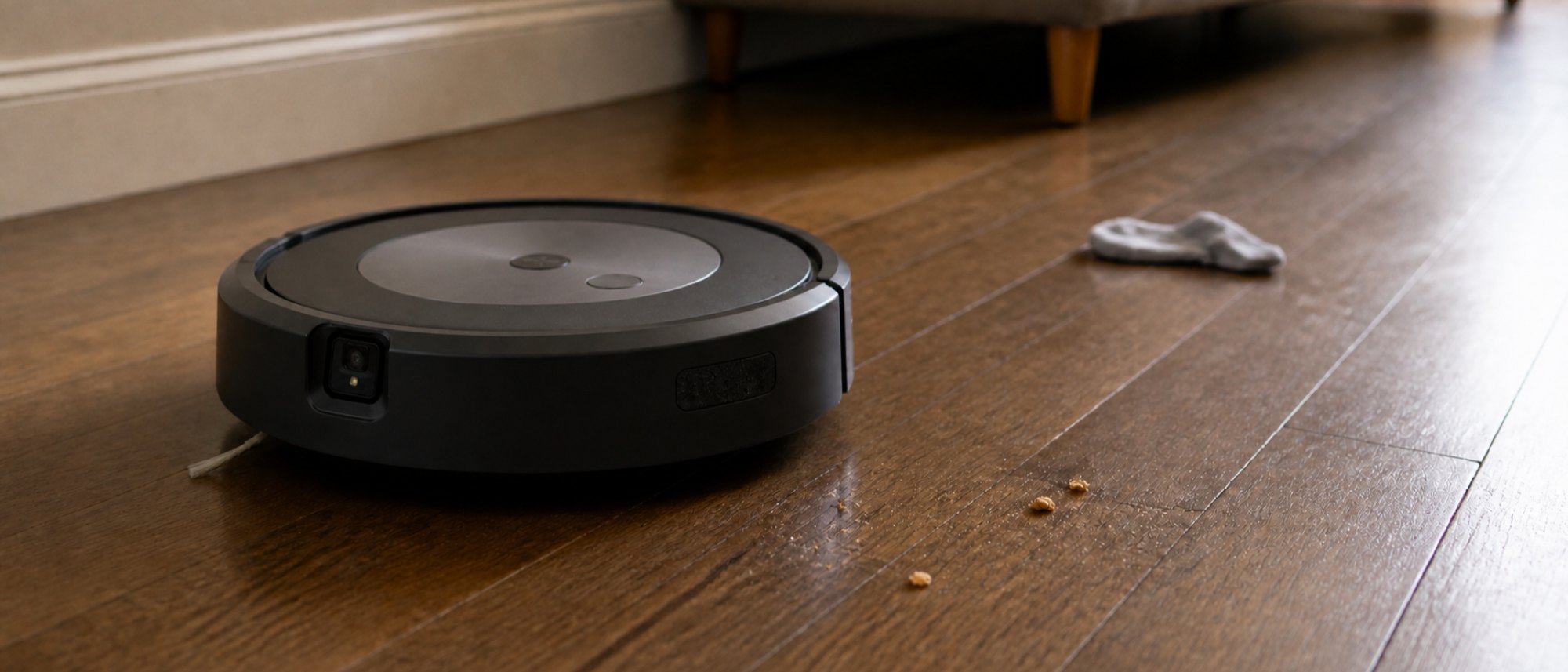 A charcoal grey disc shaped robot vacuum stopped on hardwood flooring, photographed at its own height, with the small square camera module visible low on its front bumper.