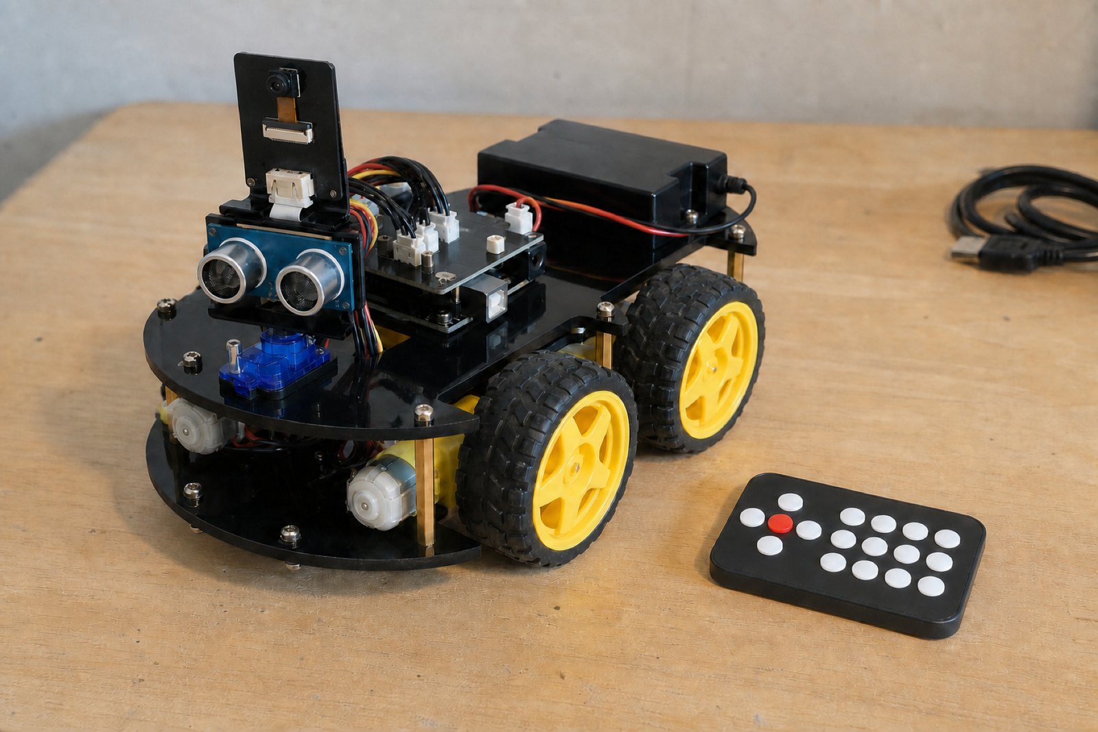 Assembled Elegoo style robot car on a workbench: two black acrylic decks on brass standoffs, four yellow hub knobby wheels, a blue twin ultrasonic sensor board on the front, and a small bare camera board raised on a short mast above the top deck.