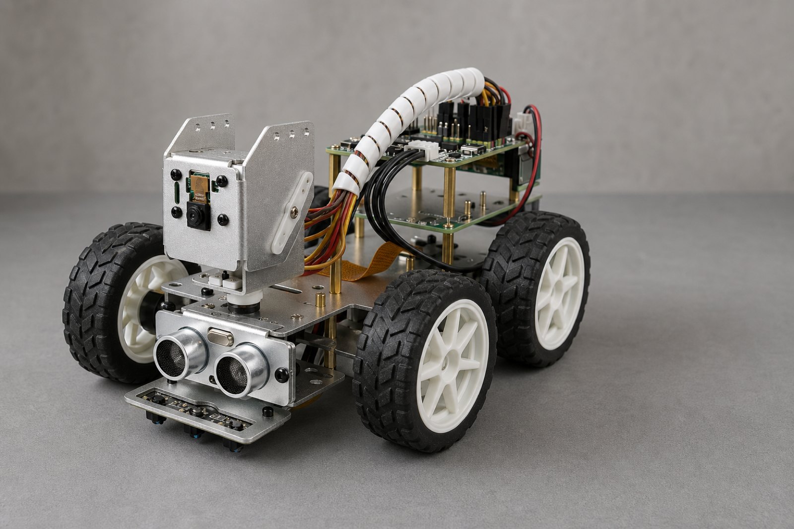 Silver and black robot car with a small camera board held in a folded sheet metal pan and tilt bracket at the front, twin silver mesh ultrasonic sensors on a separate module below it, and an exposed single board computer at the rear under a white spiral wrapped cable loom.