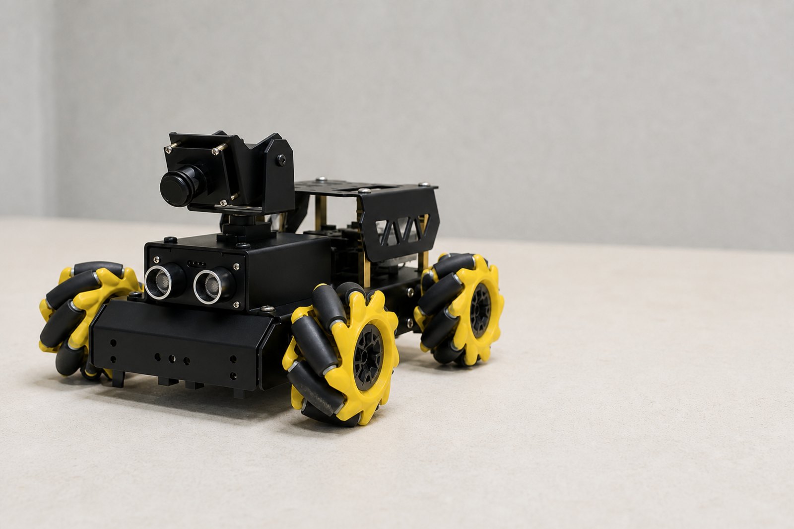Black folded sheet metal robot car with four yellow and black mecanum wheels whose angled barrel rollers give a gear like silhouette, a small boxy camera on a two axis pan and tilt mast at the front, and a twin ultrasonic module in a block below the mast.