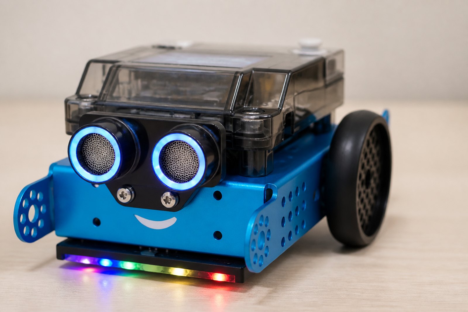 Close view of a blue aluminum classroom robot's face: two large round ultrasonic transducers ringed with glowing light blue LEDs above a printed smile, under a smoke transparent controller shell with a small color screen inside.