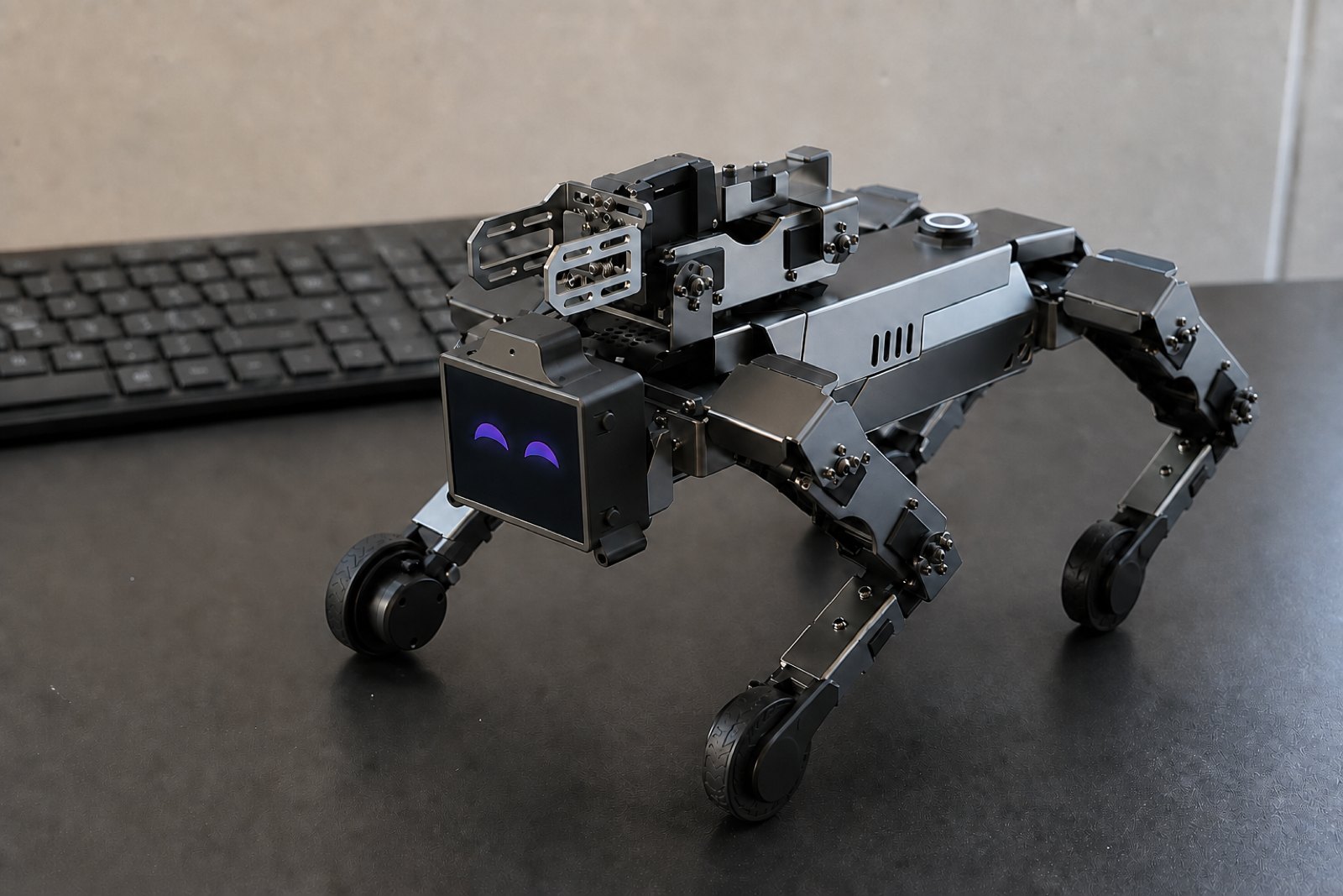 Angular gunmetal aluminum quadruped robot standing on a desk, twelve visible servo joints with exposed screws, and a boxy head module low on the front of the body showing a small dark screen with purple cartoon eyes and a pinhole camera above it.