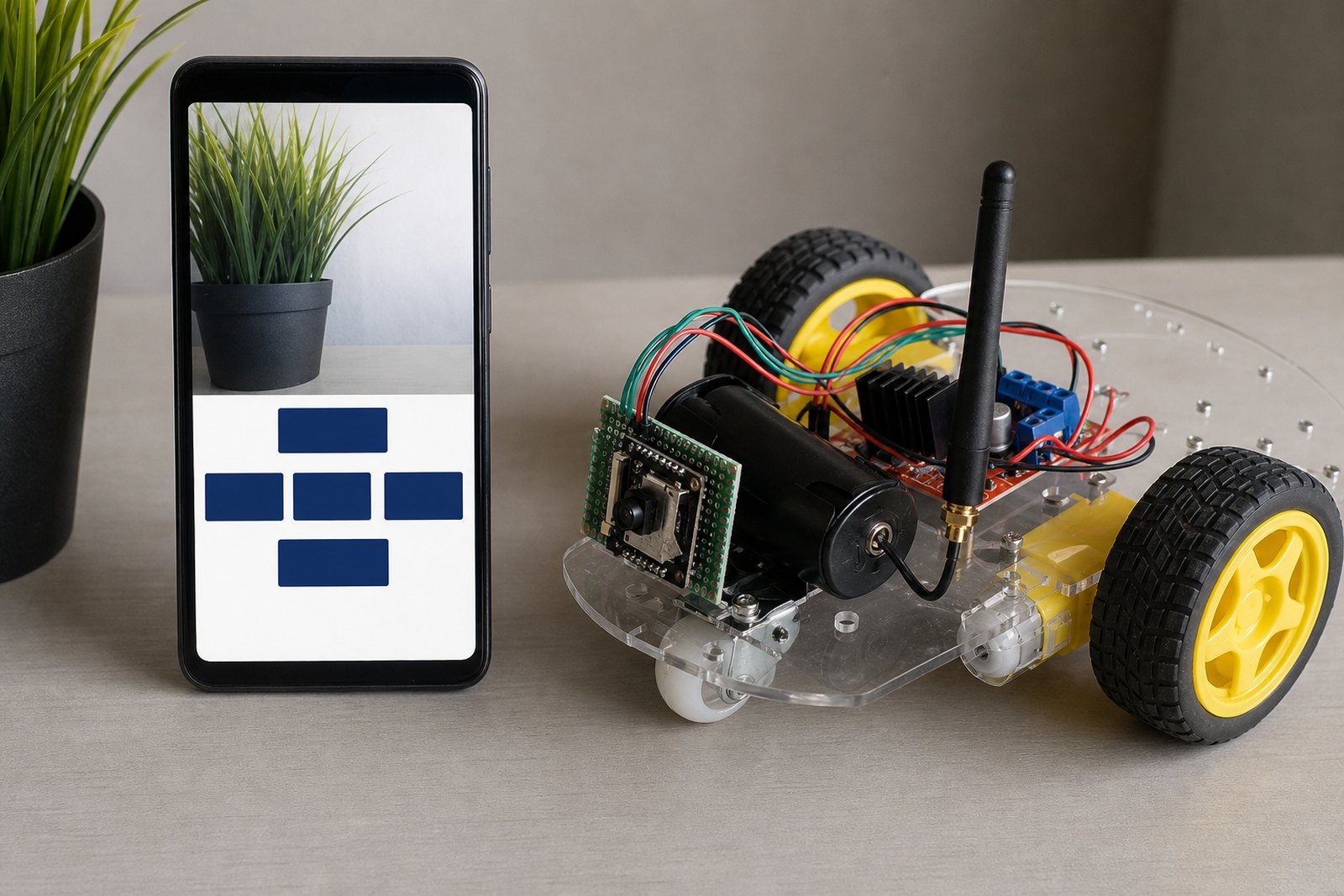 Hand size clear acrylic two wheel rover on a desk with yellow wheels, a front caster ball, a small camera board on green perfboard, a stubby black external antenna on a thin pigtail, an 18650 battery holder and a motor driver board, beside a phone showing a live video feed above five navy control buttons.