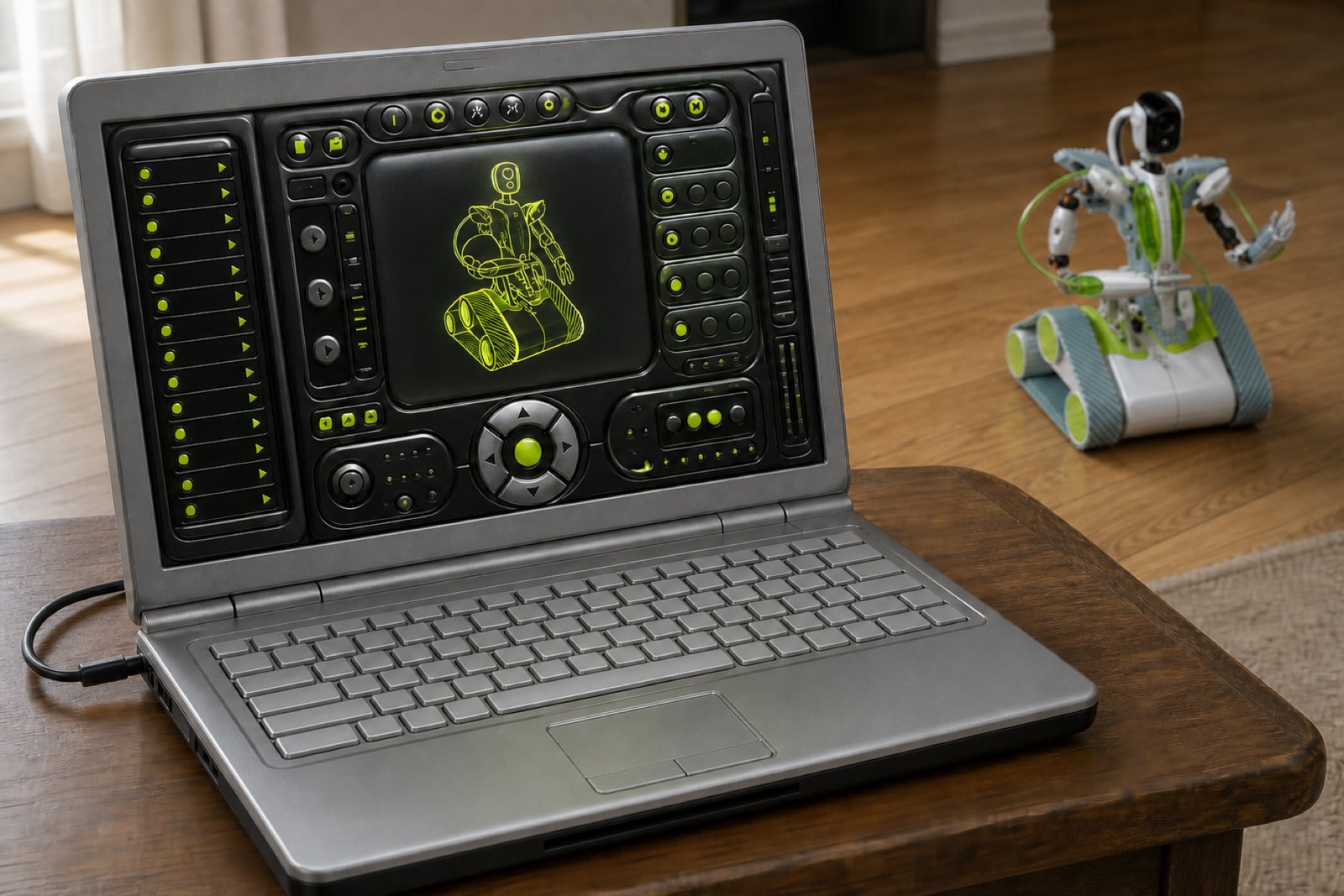 A late 2000s silver plastic laptop open on a desk running a dark skinned application window with a rounded video panel, with a white and green tracked robot on the floor behind it.
