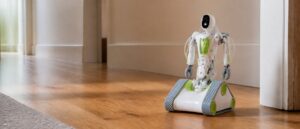 A white Meccano Spykee WiFi spy robot with pale blue grey tank treads, lime green wheel hubs and a small black and white camera head, standing on a wooden floor in a home hallway.