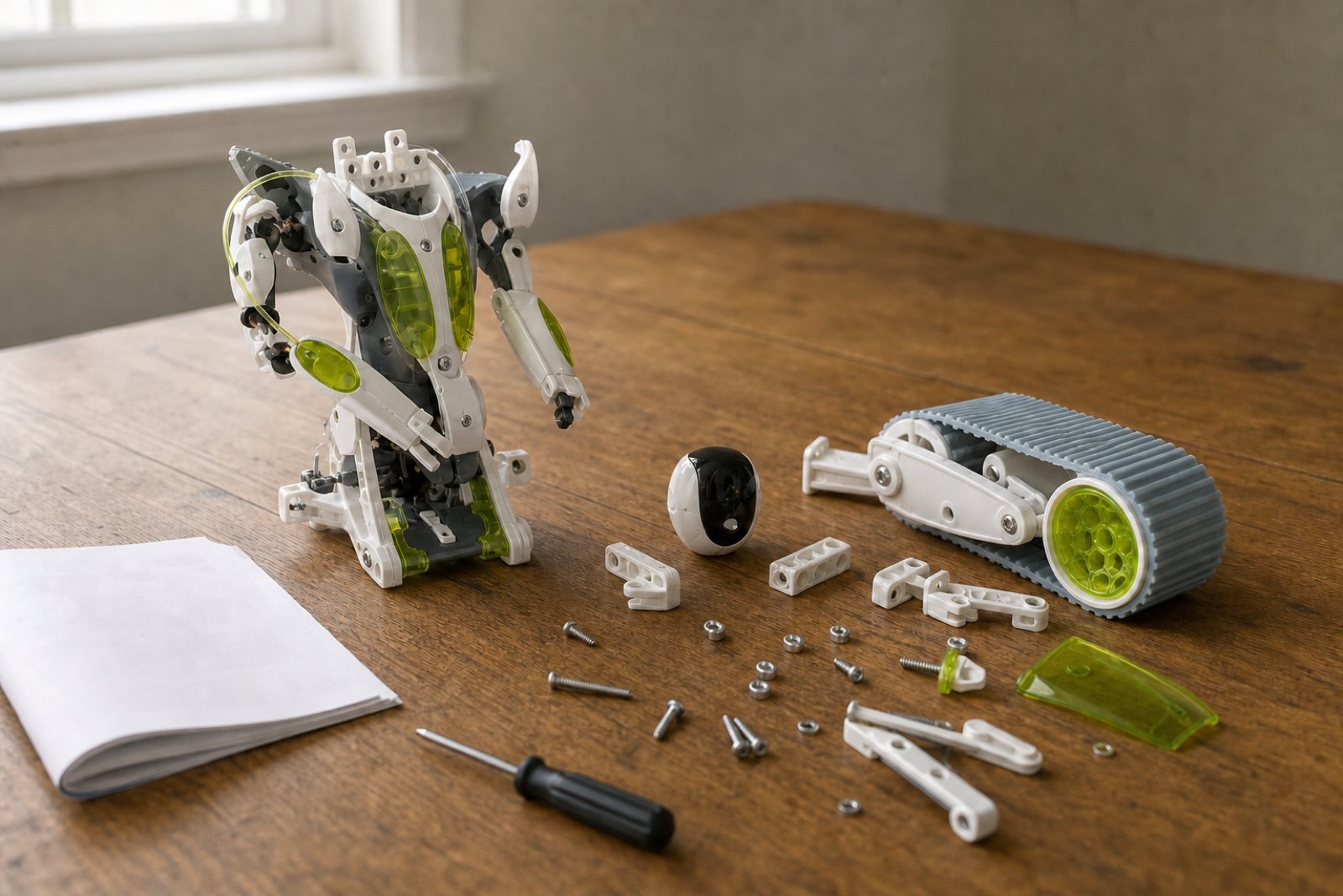 A partly assembled white Spykee robot torso on a table beside loose white perforated plastic girders, lime green panels, small silver screws and a folded instruction booklet.