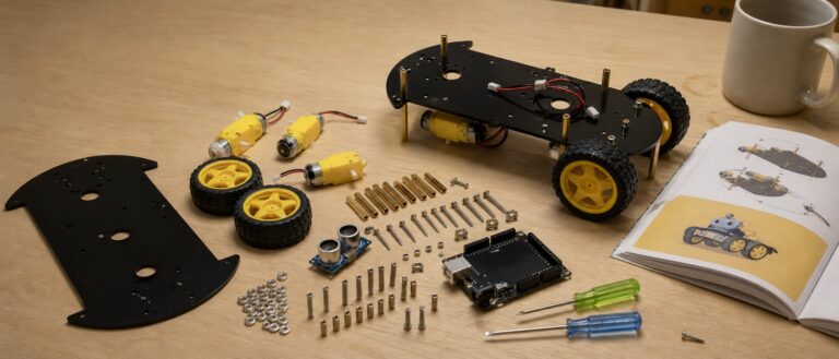 A half built robot car kit spread across a kitchen table: black acrylic decks on brass standoffs, four yellow hub wheels, loose screws, two small screwdrivers and an open assembly booklet.