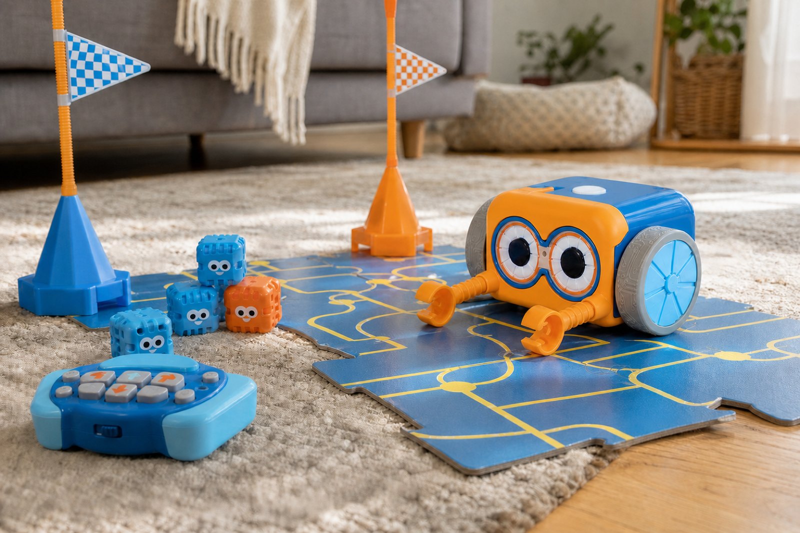 A blue and orange coding robot with two oversized eyes and short orange arms sitting on a printed road mat, beside a small handheld remote, stacking coding cubes and two flag topped cone markers.