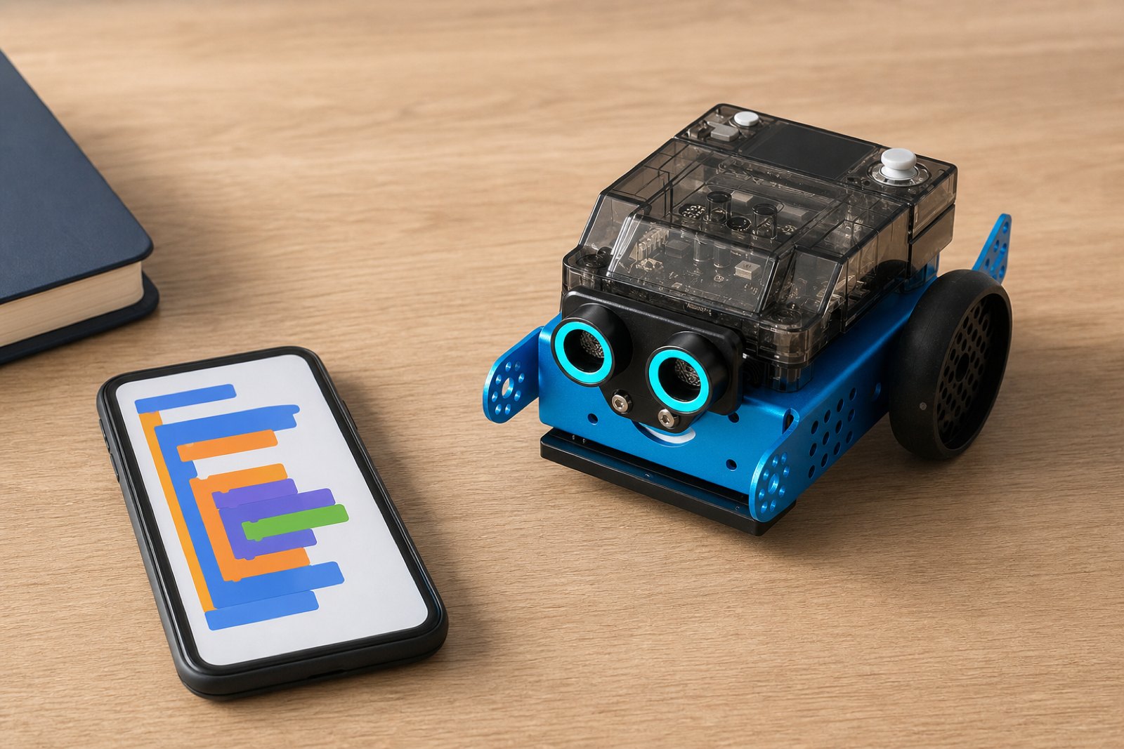 A compact two wheeled robot with a blue perforated metal chassis, a translucent smoke gray top housing, two round cyan ringed sensor eyes and a molded smile, sitting on a desk beside a phone showing colored code blocks.