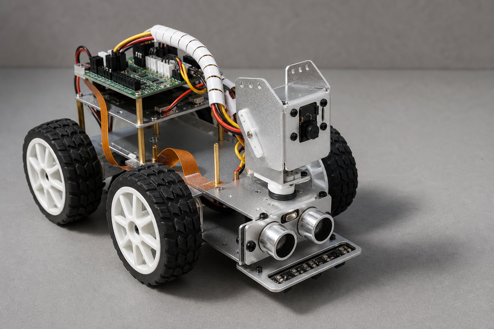 An assembled open frame robot car with a brushed silver chassis, white spoked wheels, twin ultrasonic sensors and a raised camera bracket, with the lower board bay left empty on its brass standoffs.
