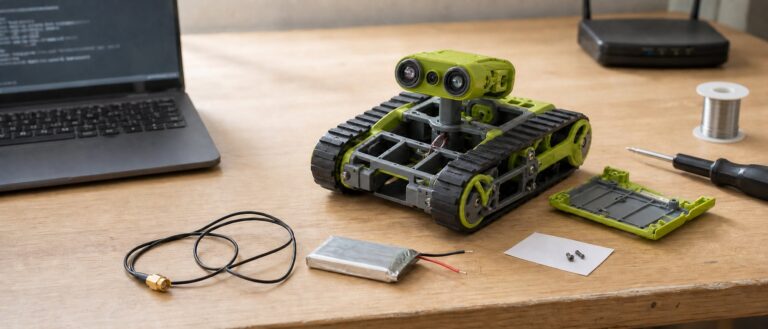 A grey and lime green tracked toy robot on a workbench with a side panel removed, an antenna pigtail and a battery pack laid out beside it, and an open laptop showing a terminal window.